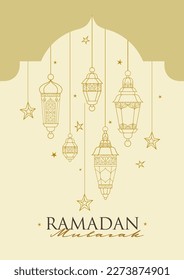 Vector premade Ramadan Mubarak card. A4 page size. Vintage banner for your Ramadan wishing. Outline Arabic lanterns. Decor in Eastern style. Islamic Holidays background. Muslim feast of Ramadan month.