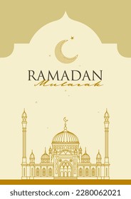 Vector premade Ramadan Mubarak card. Vintage banner for Ramadan wishing. Arabic arch, contour mosque, crescent. Decor in Eastern style. Islamic background. Card for Muslim feast of Ramadan month