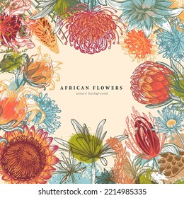 Vector pre-made template for card, poster with traditional African flowers, plants and abstract texture. Beautiful floral frame