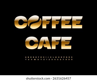 Vector Premium Advertisement Coffee Cafe with Shiny Bean. Elite Gold Font. Exclusive Amazing Alphabet Letters and Numbers set