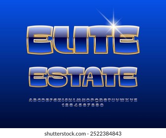 Anuncio premium de Vector Elite Estate. Elegante fuente azul y dorada. Conjunto de letras y números de alfabeto de lujo.