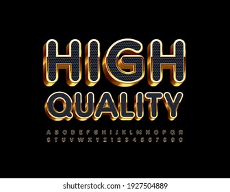 Vector premium badge High Quality. Textured elite Font. Black and Gold 3D Alphabet Letters and Numbers set