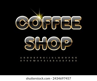 Vector premium Banner Coffee Shop. Trendy Cool Font. Unique Black and Gold Alphabet Letters and Numbers set.