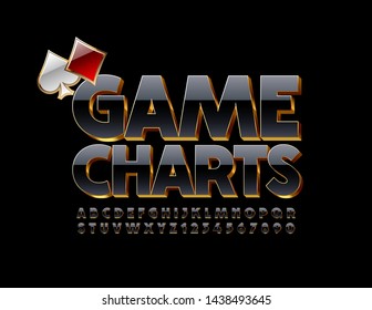 Vector premium banner Game Charts with cards. 3D Uppercase Font. Black and Golden elite Alphabet Letters and Numbers