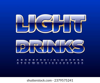 Banner de alta calidad de vectores Bebidas ligeras. Fuente azul brillante y dorada. Conjunto creativo de letras y números alfabetos de lujo
