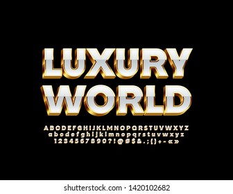 Vector premium banner Luxury World. 3D Golden and White Font. Chic Alphabet Letters, Numbers and Symbols