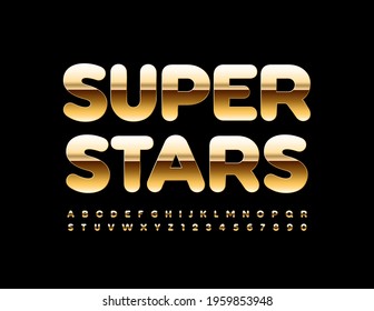 Vector premium banner Super Stars. Gold chic Font. Elite shiny Alphabet Letters and Numbers set