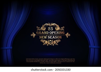 Vector Premium blue curtains in theater or opera. Dark blue curtain scene gracefully with simple text. Elegance vector backdrop for poster. Classic podium