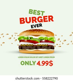 Vector Premium Burger Ad Template. Fast Food Cafe Banner Advertising Background With Promo Price