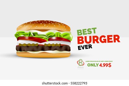 Vector Premium Burger Ad Template. Fast Food Cafe Banner Advertising Background With Promo Price