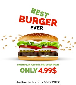 Vector Premium Burger Ad Template. Fast Food Cafe Banner Advertising Background With Promo Price