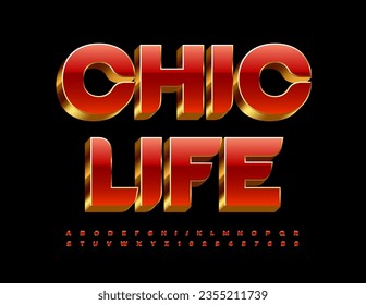 Tarjeta de Vector premium Chic Life. Red y Golden Elite Font. Juego de letras y números de alfabeto de lujo 