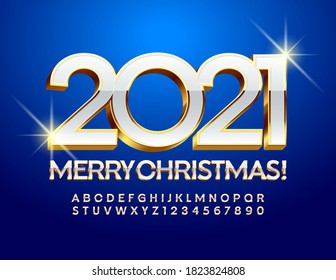 Vector premium card Merry Christmas 2021! Chic White and Gold Font. 3D shiny Alphabet Letters and Number set
