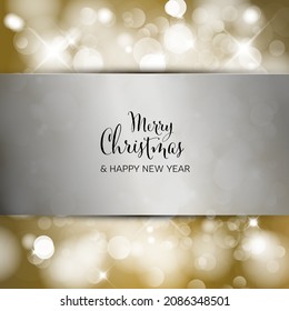 Vector premium christmas card template - text on silver stripe ribbon on golden blurred lights background. Minimalistic luxury christmas card