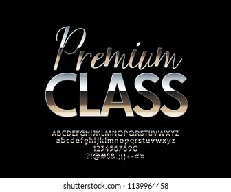 Vector Premium Class Silver Font. Reflective metallic Alphabet Letters, Numbers and Symbols