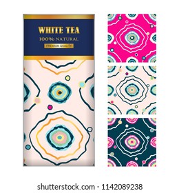 Vector premium collection of tea packages with golden lines. Background for white tea pack, label, sticker. Abstract modern design, seamless pattern including.  Beige, shadow green, red colors