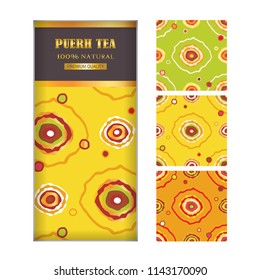 Vector premium collection of tea packages with golden lines. Background for puerh tea pack, label, sticker. Abstract modern design, seamless pattern including.  Yellow, orange, green colors