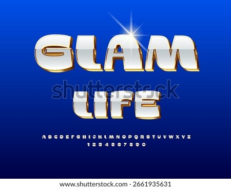 Vector Premium concept Glam Life. White and Golden Cool Font. 3D Stylish Alphabet Letters and Numbers set