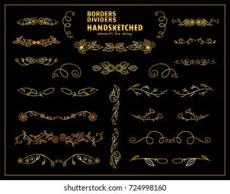 Vector premium elements for design, warm gold color. Herbal ornate wave elements, perfect for dividers, headers, titles. Hand drawn sketch wild flowers, grass, herb, reed, and weed