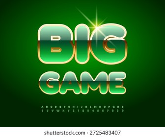 Vector Premium emblem Big Game. Chic glossy Green and Golden Font. Trendy set of Luxury Alphabet Letters and Numbers.