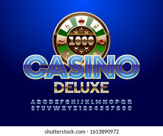 Vector premium Emblem Casino Deluxe. Chic Blue and Gold Alphabet Letters and Numbers. Elegant Modern Font