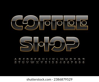 Emblema del vector premium Coffee Shop. Fuente exclusiva de color negro y oro. Se han establecido las letras y números de los alfabetos de élite