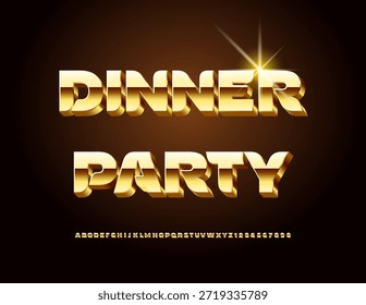 Vector Premium emblema Dinner Party. Impresionante fuente de oro. Conjunto de letras y números de alfabeto 3D de lujo.