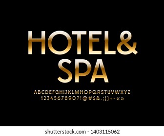 Vector premium emblem Hotel & Spa. Elite Golden Font. Luxury Alphabet Letters, Numbers and Symbols set
