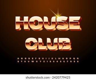 Emblema House Club con emblema de alta calidad vectorial. Fuente de oro de moda. Se han establecido las letras y números de los alfabetos tridimensionales.