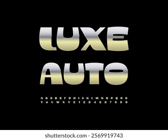 Vector premium emblem Luxe Auto. Silver creative Font. Metallic elite Alphabet Letters and Numbers set
