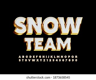 Equipo de Nieve de emblema de alta calidad para vectores. Fuente 3D blanca y dorada. Juego de letras y números de alfabeto de élite