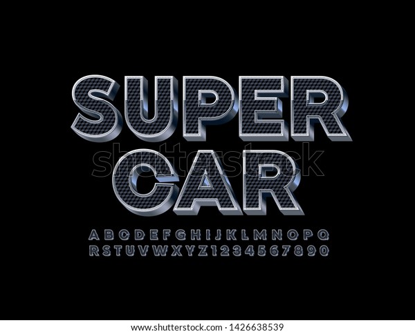 Vector premium\
emblem Super Car. Textured Black and Metallic Font. 3D Uppercase\
Alphabet Letters and\
Numbers