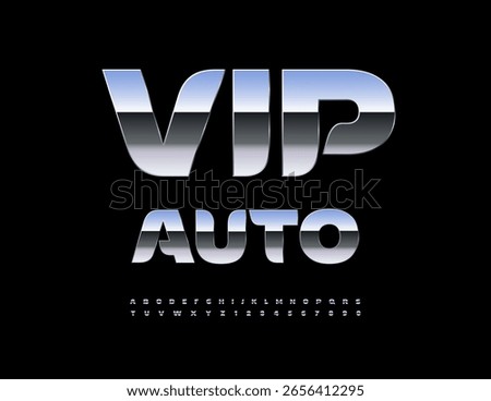 Vector Premium emblem Vip Auto. Elite Silver Font. Reflective Metallic Alphabet Letters and Numbers set.