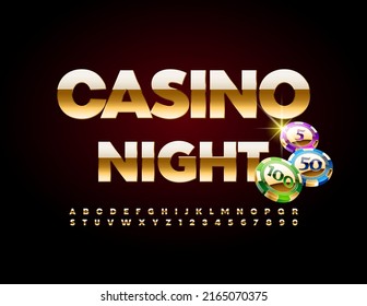 Vector Premium Flyer Casino Night With Decorative Chips. Gold Modern Font. Elite Alphabet Letters And Numbers Set