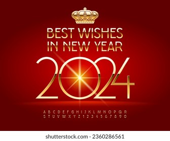 Tarjeta de saludo de Vector Premium Best Wishes in New Year 2024! Lujo Gold Font. Conjunto elegante de letras y números de alfabeto