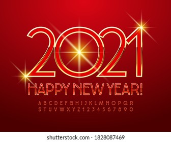 Vector premium greeting card Happy New Year 2021! Red and Gold Elegant Font. Luxury Alphabet Letters and Numbers set
