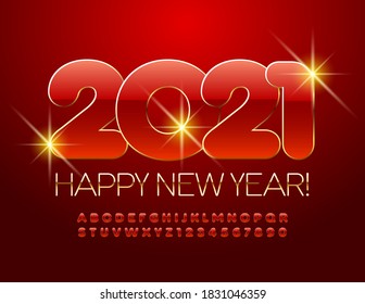 Vector premium greeting card Happy New Year 2021! Red and Gold modern Font. Elite Alphabet Letters and Numbers set