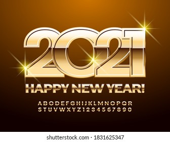 Tarjeta de saludo de Vector Premium Feliz Año Nuevo 2021! Fuente chic y brillante. Letras y números de los alfabetos dorados