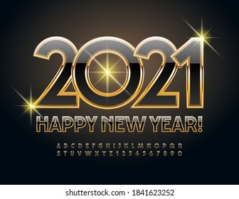 Vector premium greeting card Happy New Year 2021! Elegant Black and Gold Font. Stylish shiny Alphabet Letters and Numbers set