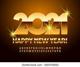 Tarjeta de saludo de Vector Premium Feliz Año Nuevo 2021! Fuente dorada brillante. Juego de letras y números de alfabeto de élite
