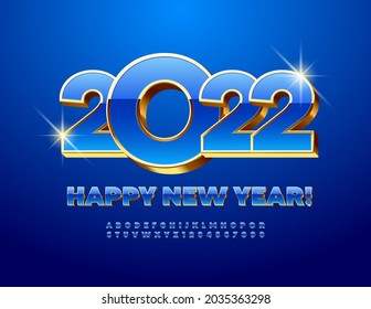 Vector premium Greeting Card Happy New Year 2022! 3D Blue and Gold Font. Luxury style Alphabet Letters and Numbers set