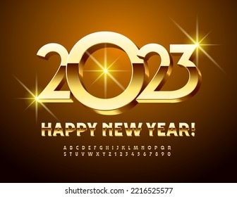 Tarjeta de saludo de Vector Premium Feliz Año Nuevo 2023! Lujoso y brillante Font. Juego de letras y números de alfabeto 3D elegantes