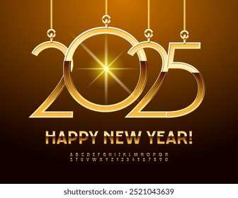 Vector premium Greeting Card Happy New Year with Golden Christmas Toys 2025! Unique Stylish Font. Trendy Alphabet Letters and Numbers set. 