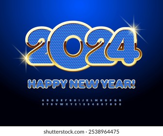 Vector premium Greeting Card Happy New Year 2025! Trendy Blue and Gold Font. Modern digital Alphabet Letters and Numbers set.