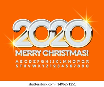 Vector premium greeting Card Merry Christmas 2020! Elite Uppercase Font. White and Gold Alphabet Letters and Numbers