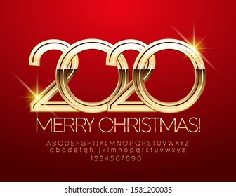 Vector premium greeting card  Merry Christmas 2020! Golden elegant font. Shiny Alphabet Letters, Numbers and Symbols