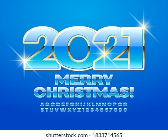 Vector premium greeting card Merry Christmas 2021! Modern shiny Font. Golden and Blue Alphabet Letters and Numbers