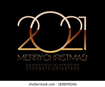 Vector premium greeting card Merry Christmas 2021! Stylish elegant Font. Gold Glamour Alphabet Letters and Numbers set