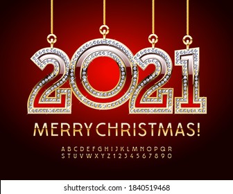 Vector premium greeting card Merry Christmas with Diamond toy 2021. Elegant chic Font. Gold shiny Alphabet Letters and Numbers set