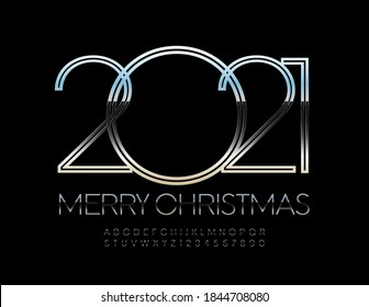 Vector premium greeting card Merry Christmas 2021! Elegant Silver Alphabet Letters and Numbers. Metallic shiny Font
